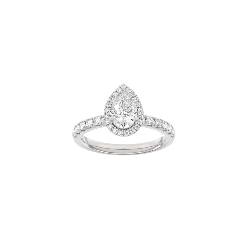 Halo-ring i 14 kt rhodineret hvidguld med 1,52 ct dråbeformet lab-grown diamant og halo fra Siersbøl.